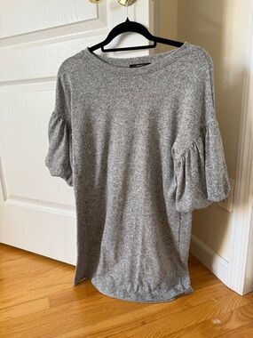 Cozy Puff-Sleeve Sweater Mini Dress - Gray